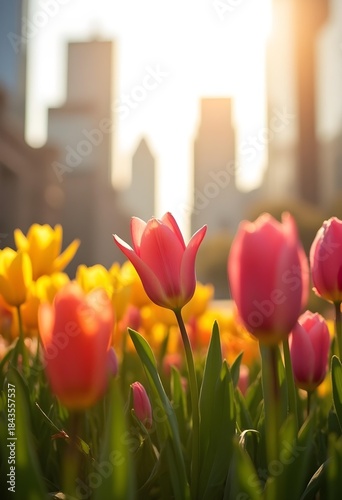 AI generated macro shot of bright spring flowers in city environment