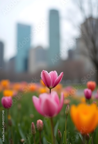 AI generated colorful spring blossoms growing in urban public park