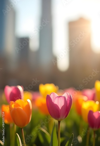 AI generated close-up spring flowers enhancing modern urban landscape