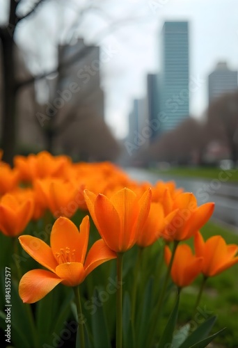 AI generated close-up of vibrant spring flowers blooming in urban park
