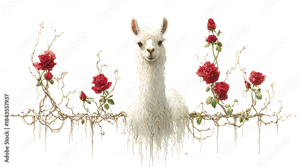 Naklejka premium White llama surrounded by red roses and vines isolated on a transparent background flowers
