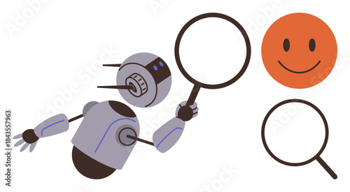 Robot using magnifying glass to examine over details and focus on smiling face. Ideal for innovation, technology, artificial intelligence, analysis, research, exploration, future trends, simple flat