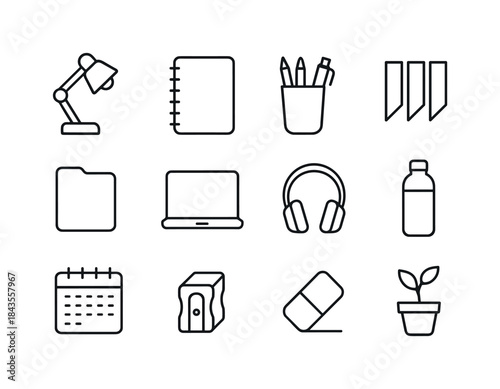 Study Desk Icons. Study desk essentials. Line icon set of study