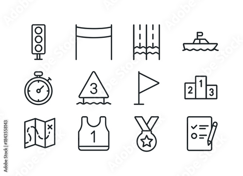 Rowing Competition Icons. Rowing competition elements. Line icon