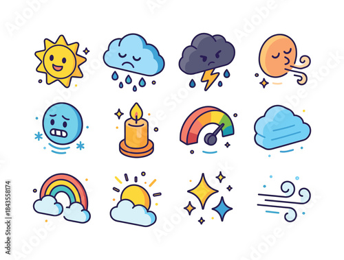Weather Emotions Icons. Weather & Emotions. Colorful isometric v