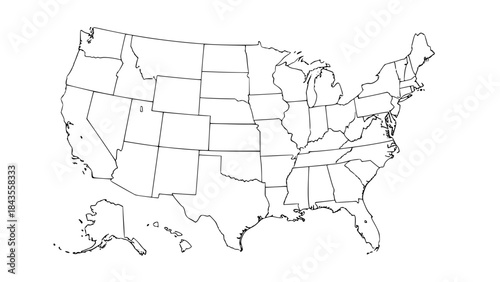 United States outline map vector, black and white line art, thin stroke, all states separated, minimalist design, isolated on white background