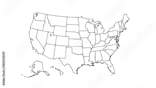 United States outline map vector, black and white line art, thin stroke, all states separated, minimalist design, isolated on white background