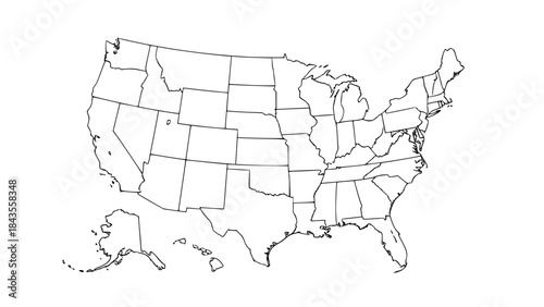 United States outline map vector, black and white line art, thin stroke, all states separated, minimalist design, isolated on white background