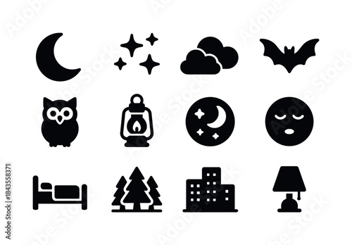 Nighttime Icon Set. Night. Solid icon set of Night: moon, stars,