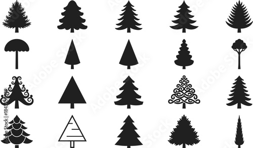 Set of Black Silhouette Pine and Evergreen Christmas Trees, Fir Conifers, Nature Forest Icons, Simple and Detailed CAD Vector Drawings for Holiday Design, CAD drawing flat vector illustration