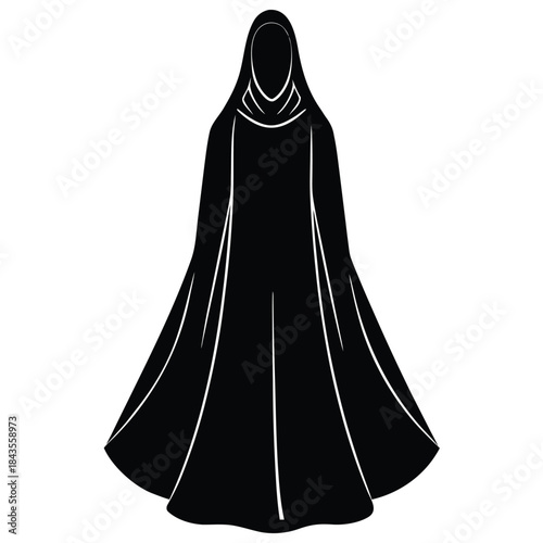 Silhouette of a walking Muslim woman wearing a hijab and abaya with flowing fabric, isolated black vector illustration in profile.