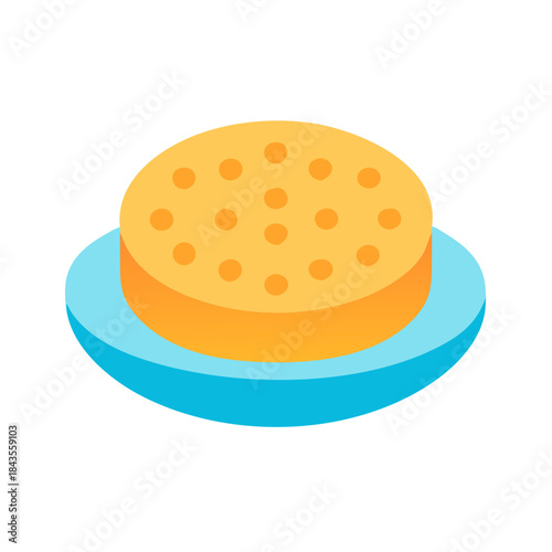 Yellow sponge on light blue dish flat illustration