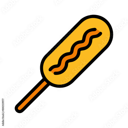 Stylized corn dog illustration with mustard on a stick