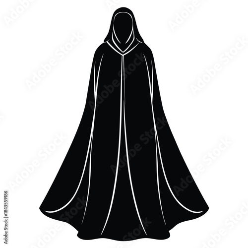 Silhouette of a walking Muslim woman wearing a hijab and abaya with flowing fabric, isolated black vector illustration in profile.