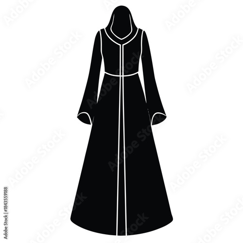 Silhouette of a walking Muslim woman wearing a hijab and abaya with flowing fabric, isolated black vector illustration in profile.