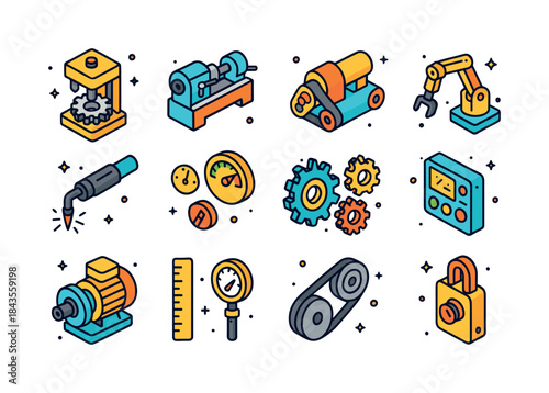 Colorful Industrial Machinery Icons. Industrial Machinery. Color
