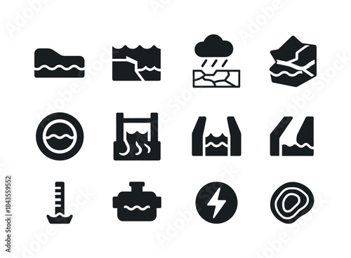 Flood Control Icons. Flood control wetlands. Solid icon set of f