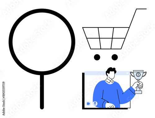Magnifying glass, shopping cart, and individual holding a trophy on screen. Ideal for ecommerce, online shopping, rewards programs, search optimization, digital marketing, customer loyalty business