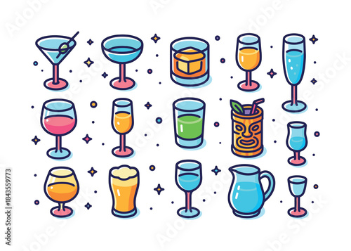 Colorful Glassware Icons. Glassware. Colorful isometric vector i