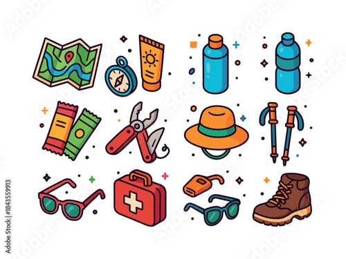 Hiking Essentials Icons. Hiking essentials. Colorful isometric v