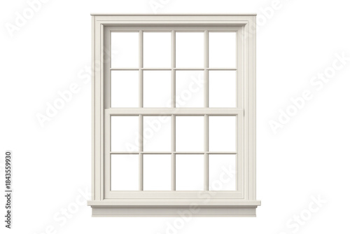 White classic sash window with mullions and transparent glass, isolated architectural element featuring wooden frame