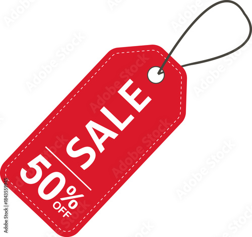 Sale label. Red price tag with a 50% discount. Sale symbol. To attract customer attention. Promotions and discounts. Cheaper than the regular price. Great buy. Special price offer.