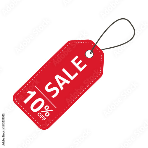 Sale label. Red price tag with a 10% discount. Sale symbol. To attract customer attention. Promotions and discounts. Cheaper than the regular price. Great buy. Special price offer.