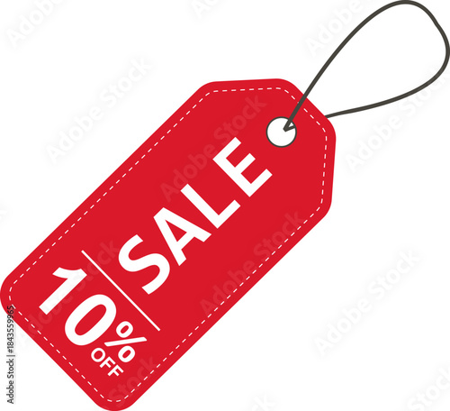 Sale label. Red price tag with a 10% discount. Sale symbol. To attract customer attention. Promotions and discounts. Cheaper than the regular price. Great buy. Special price offer.