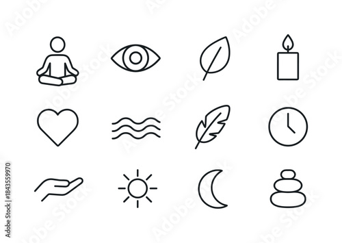 Mindfulness Icon Grid. Mindfulness and Presence. Line icon set o