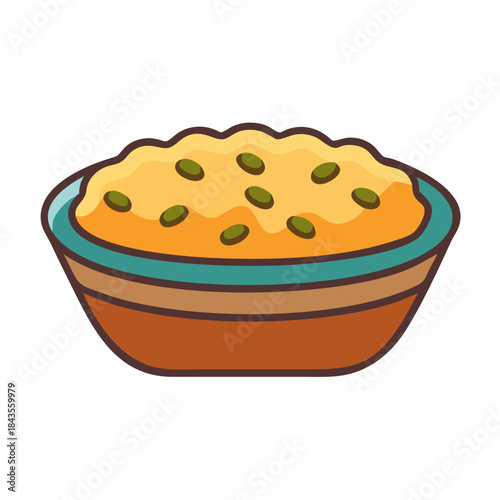 Stylized bowl of yellow porridge with green pumpkin seeds