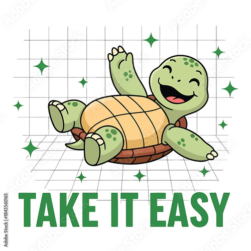 Cute green turtle lying down with take it easy quote text. Relaxed animal character vector illustration for mental health or chilling concept. Lazy reptile resting on back with happy smile design.