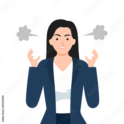 Furious young woman with steam blow from ears feel angry mad having life problems. Unhappy girl distressed and enraged. Emotion and anger control. Flat vector illustration.