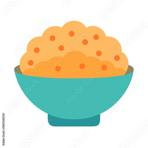 Graphic illustration of savory rice dish in blue bowl