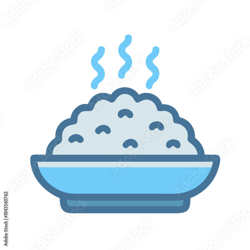 Bowl of steaming rice illustration against a white background