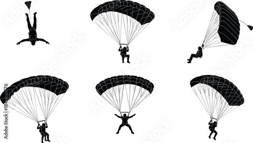 Silhouettes of skydivers and paratroopers in various freefall and canopy descent positions, dynamic vector illustrations capturing the thrill and freedom of parachute jumping background.
