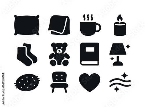 Cozy Comfort Icons. Comfort items. Solid icon set of comfort ite