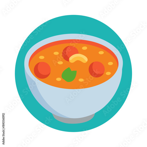 Isometric illustration of orange soup bowl on cyan background