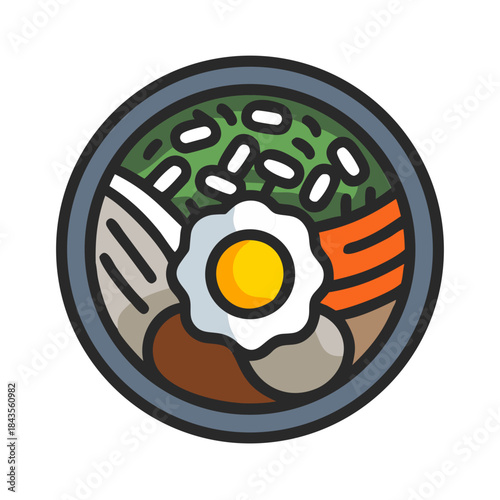 Colorful bibimbap bowl illustration on a white background.