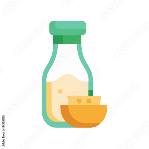 Minimalist graphic of milk bottle and bowl filled butter