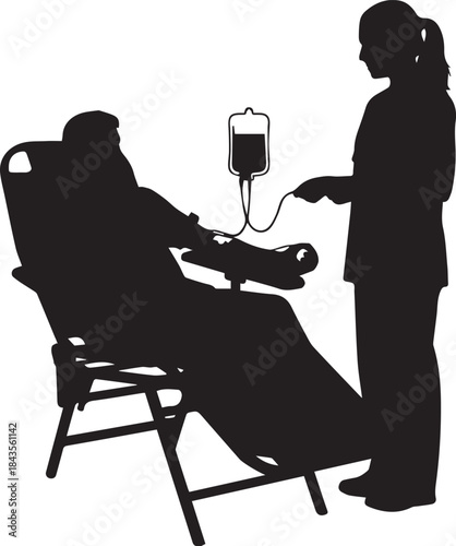 Silhouette of nurse attending to blood donor in chair with iv bag for medical donation