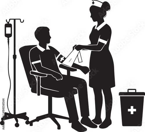 Silhouette of nurse administering iv drip to patient in chair medical care scene
