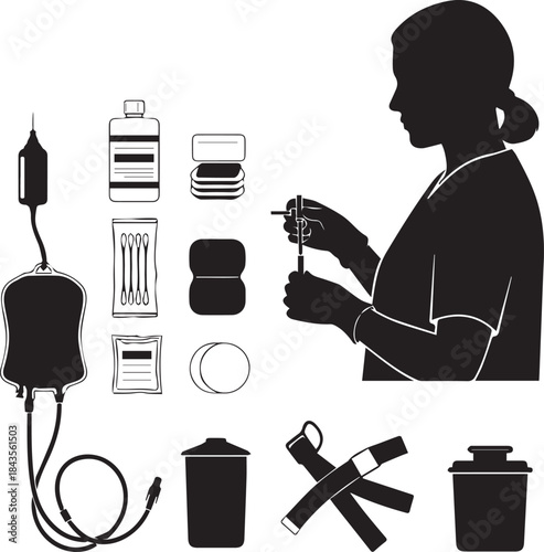 Healthcare professional preparing medical supplies silhouette for hospital or clinic operations