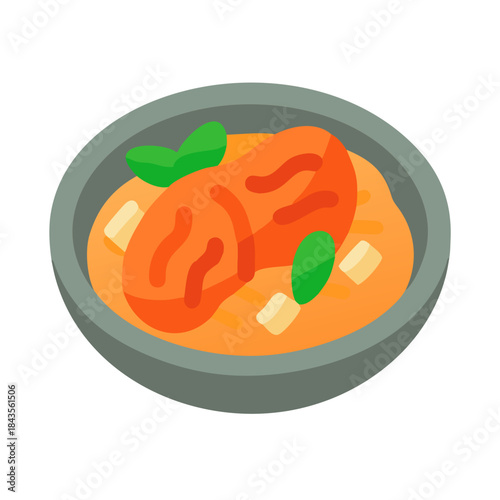 Artistic flat illustration of orange soup in gray bowl