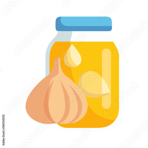 Flat vector illustration of garlic infused in honey jar