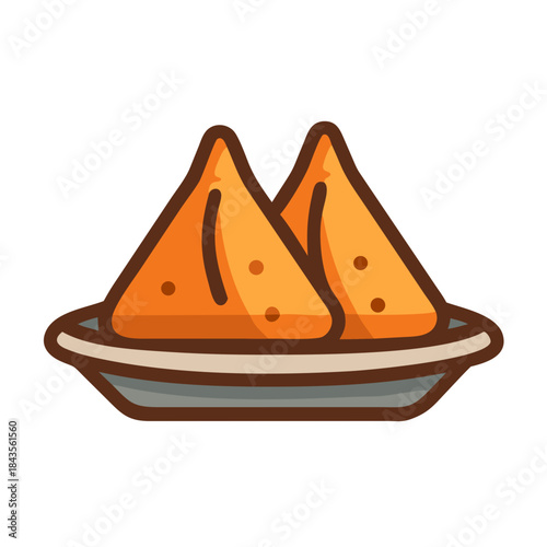 Two samosas on plate in a flat lay design