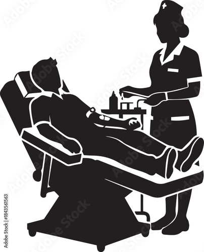 Silhouette of a donor giving blood while a nurse attends to the procedure