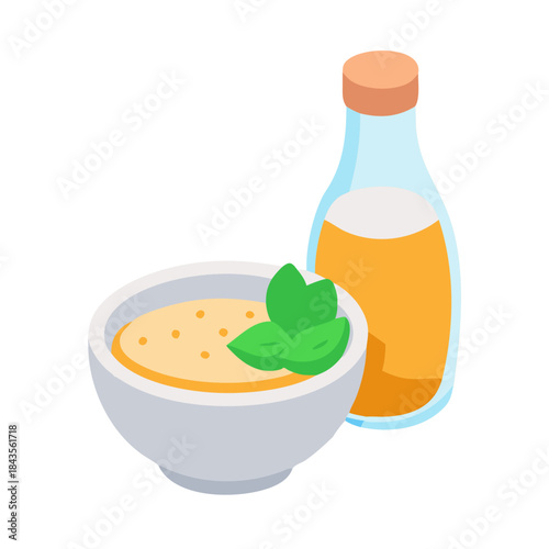 Creamy soup with basil and oil bottle illustration