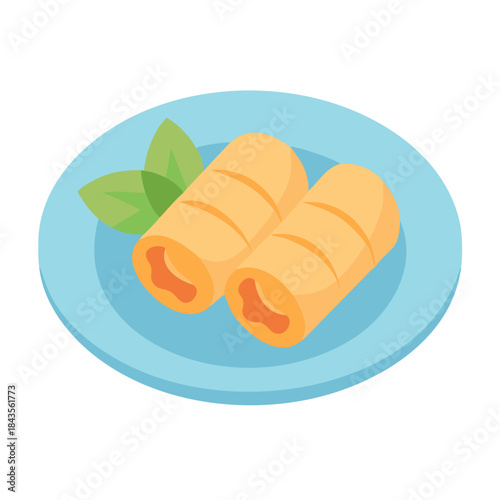 Two spring rolls on a light blue plate visual