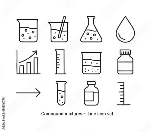 Chemistry Icons Grid. Compound mixtures. Line icon set of Compou