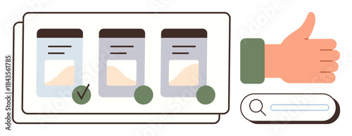 Three task cards with checkmarks, hand showing thumbs-up, and search bar. Ideal for workflow planning, task prioritization, decision validation, user experience design, productivity, review process